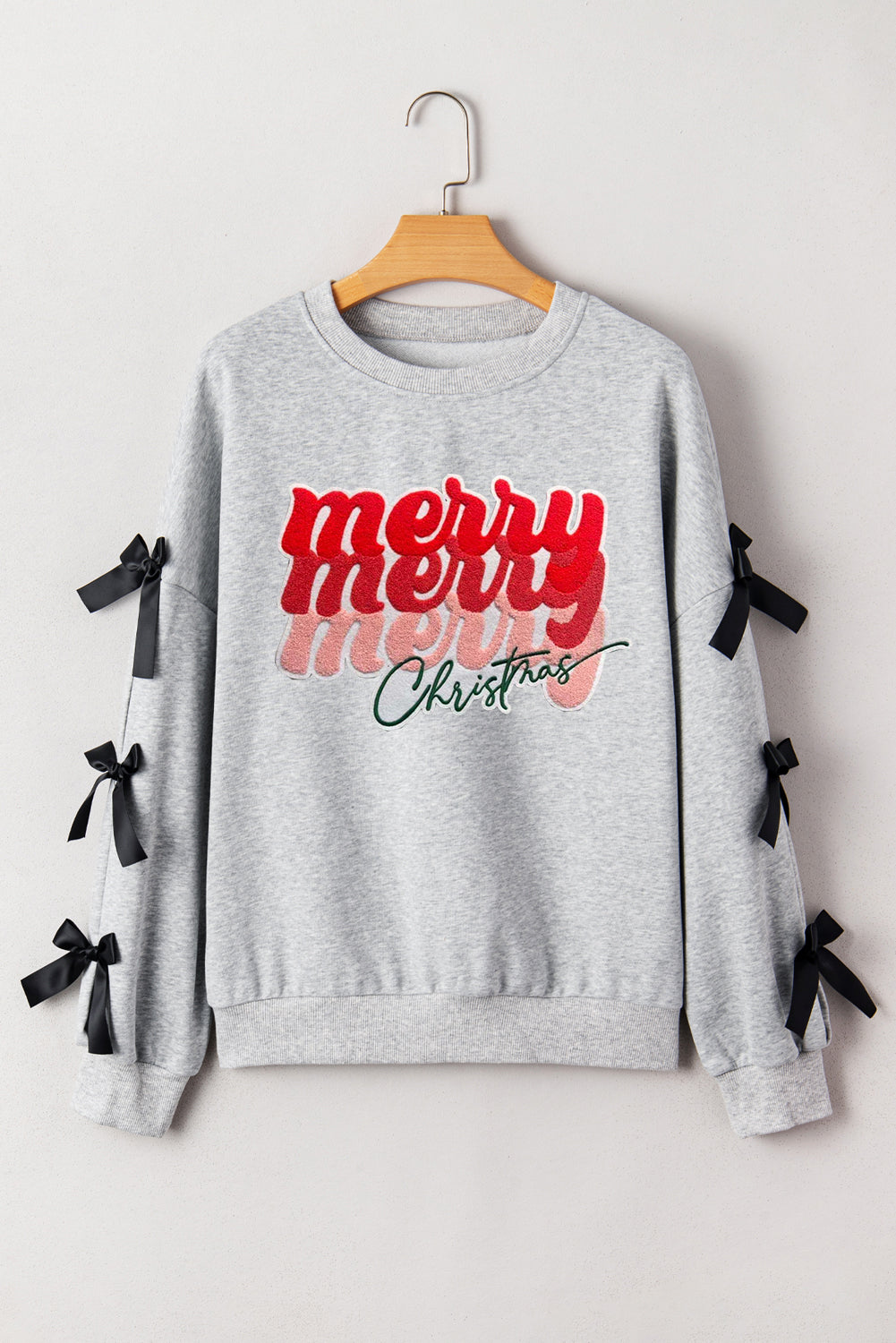 Merry Christmas Letter Graphic Ribbon Bow Split Sleeve Baggy Sweatshirt