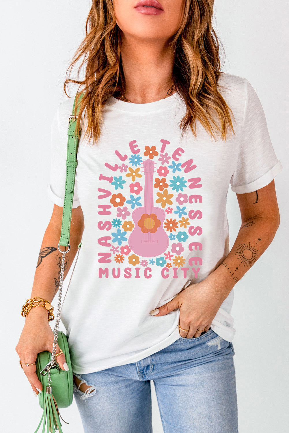 Floral Guitar Harmony Graphic Tee with Nashville Vibes