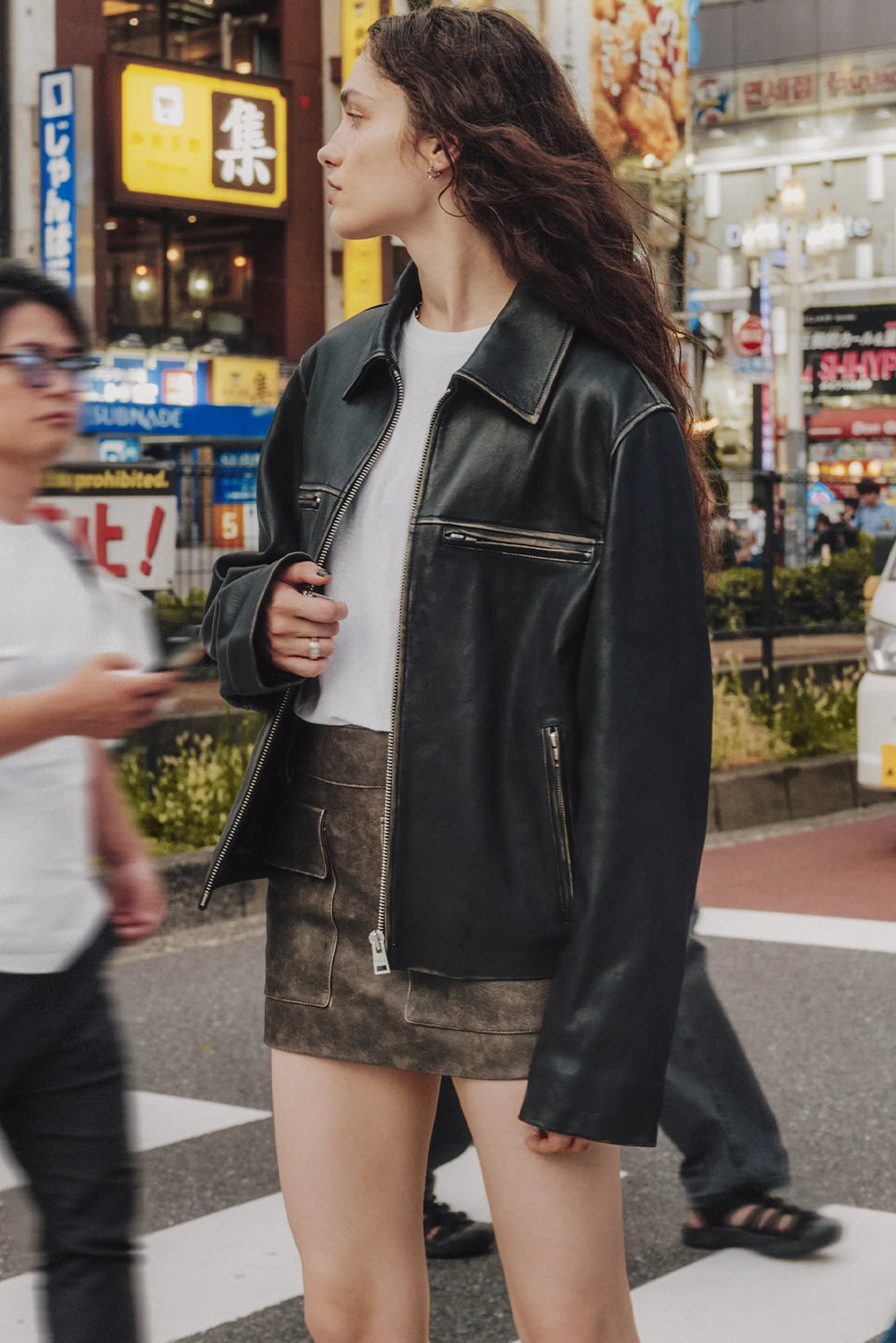 Black Faux Leather Zip Slit Pockets Street Fashion Jacket