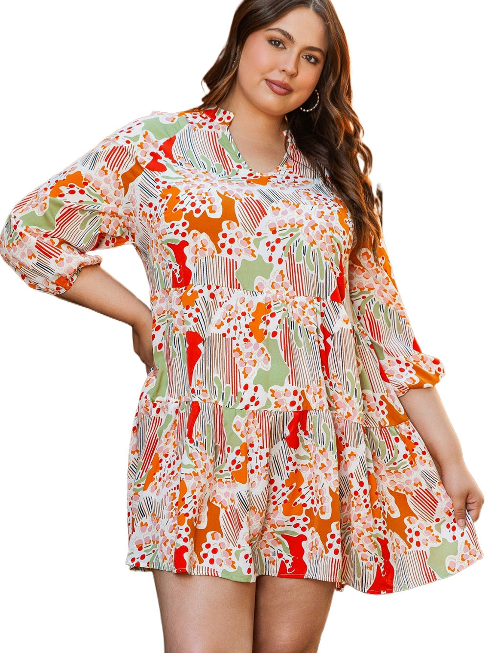 Multicolour Plus Size Mix Floral Puff Sleeve Ruffled Dress