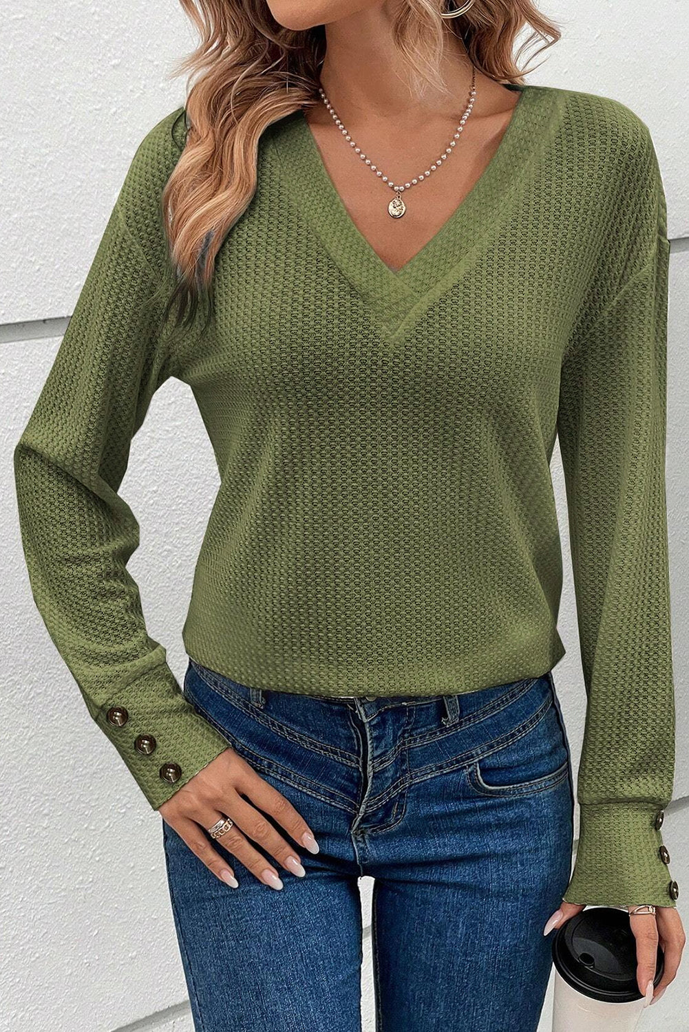 Jungle Green Waffle Knit V Neck Buttoned Long Sleeve Top
