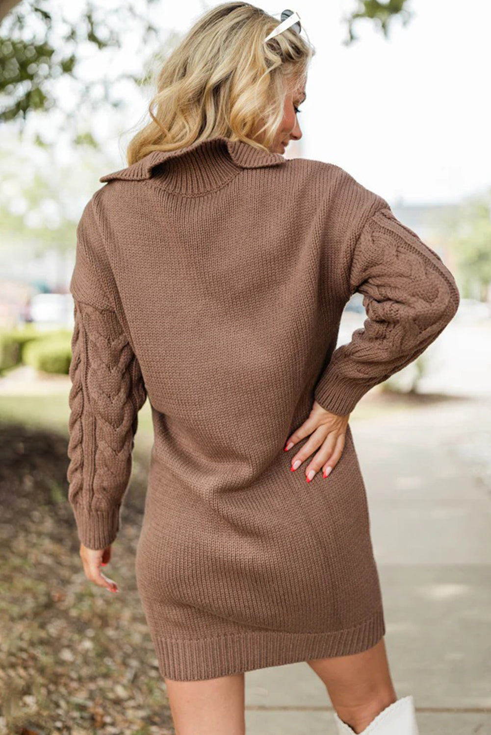 Dark Khaki Ribbed V Neck Cable Knit Mini Sweater Dress