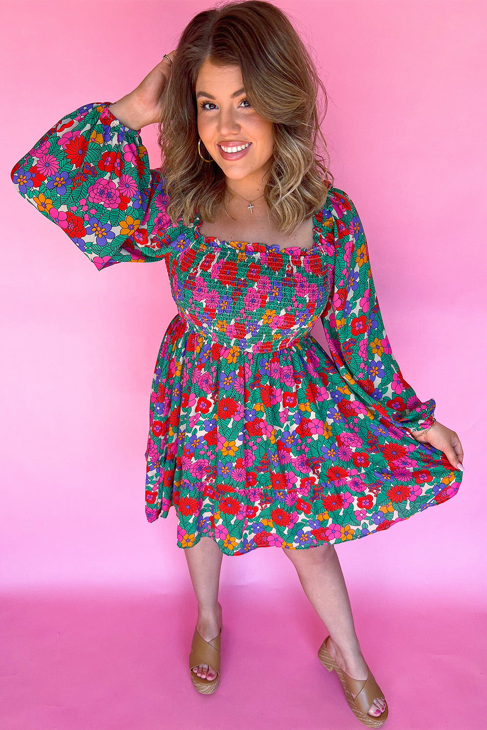plus size floral long sleeve dress