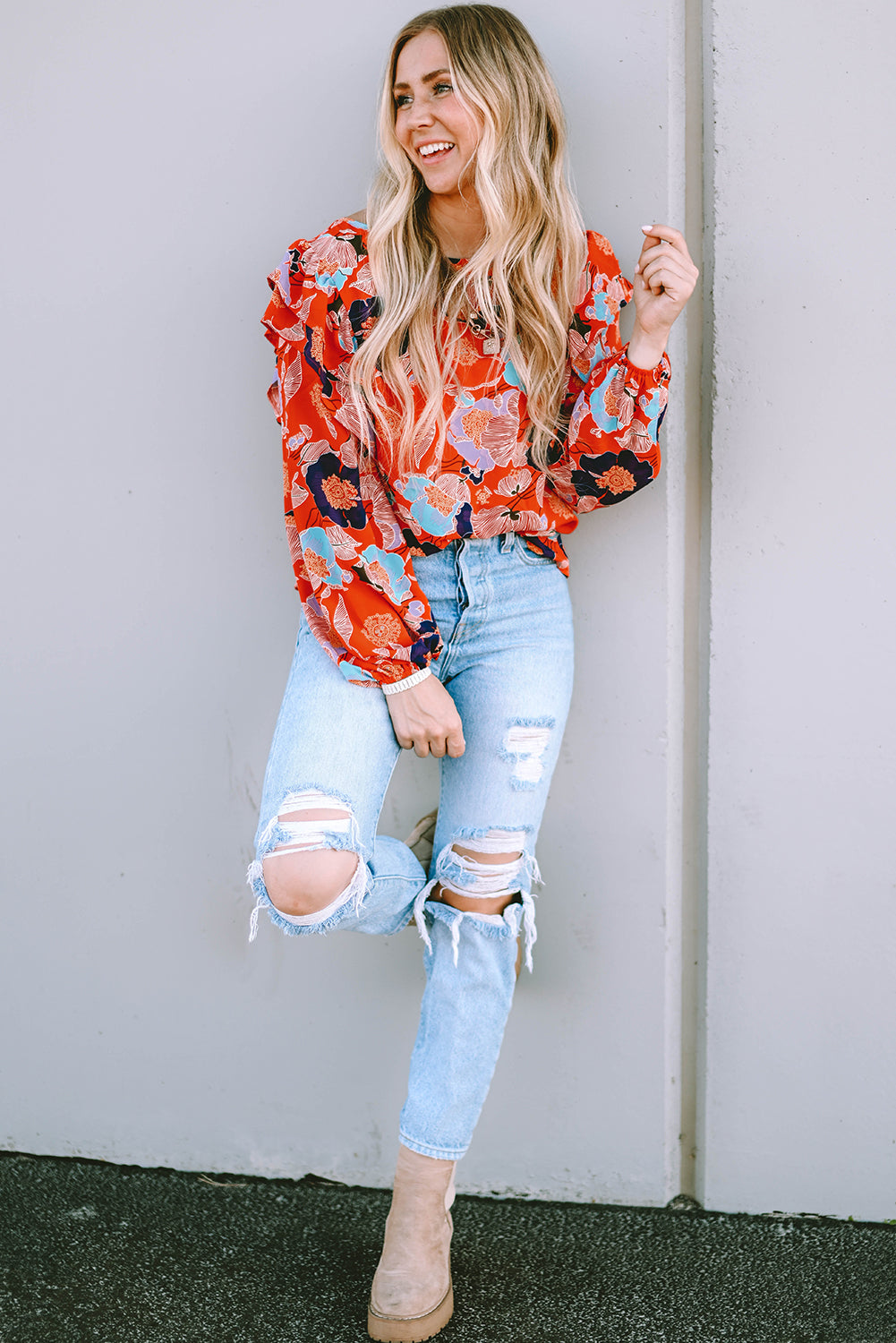 Fiery Red Floral Print Ruffle Puff Sleeve Blouse