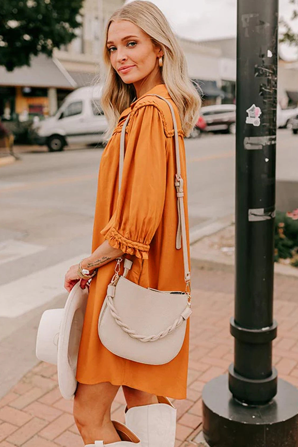 Russet Orange Solid Color 3/4 Sleeve Braided Detail Button Down Mini Shirt Dress