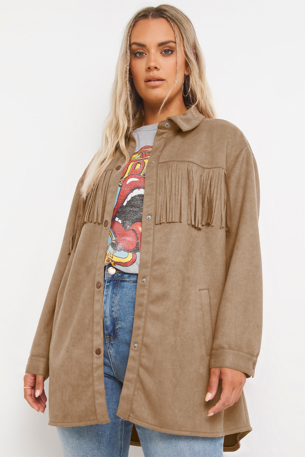Khaki Suede Shacket with Fringe Detail for Plus Size Women