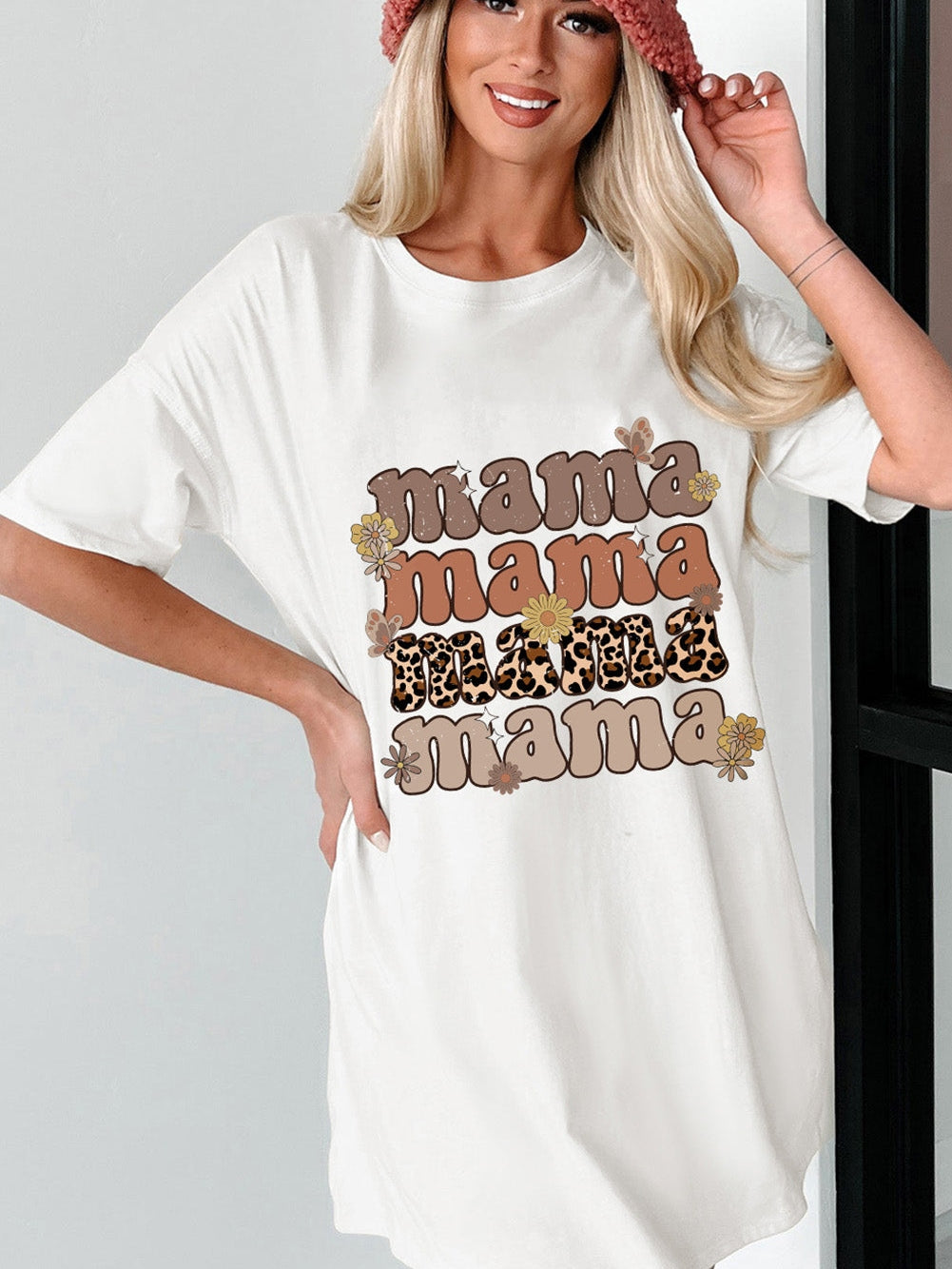 Leopard Mama Daisy Print White Crewneck Tee