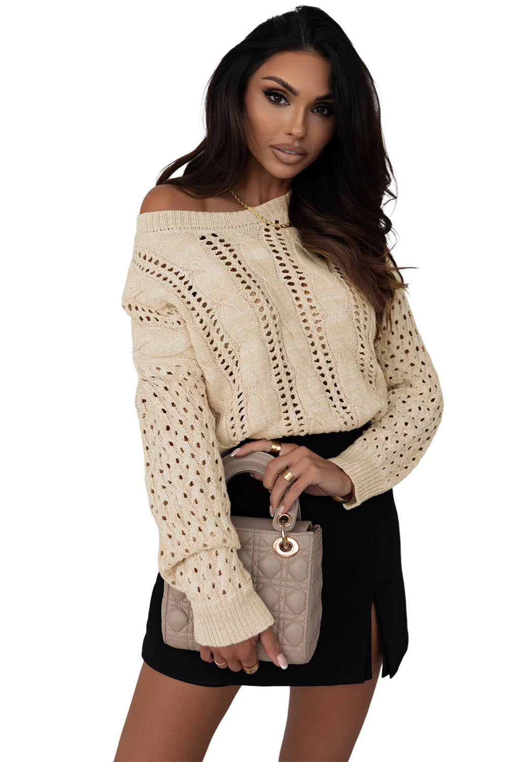 Khaki Cable Knit Drop Shoulder Sweater with Eyelets