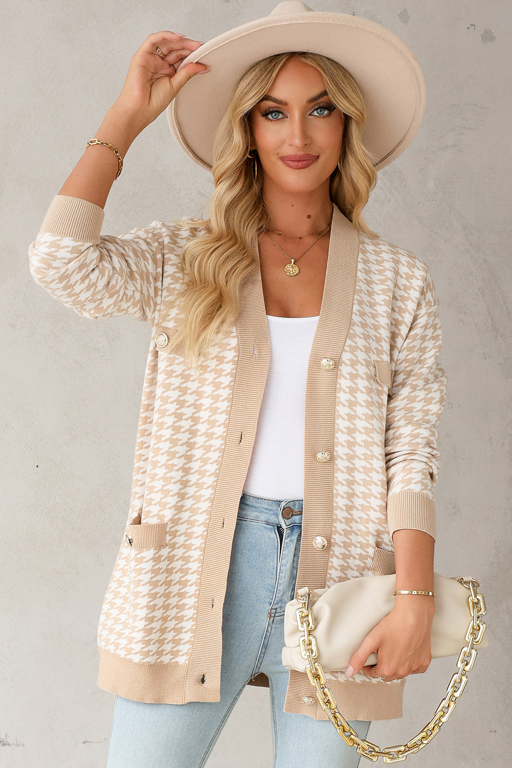 Khaki Contrast Edge Metal Button Slim Cardigan with Pockets