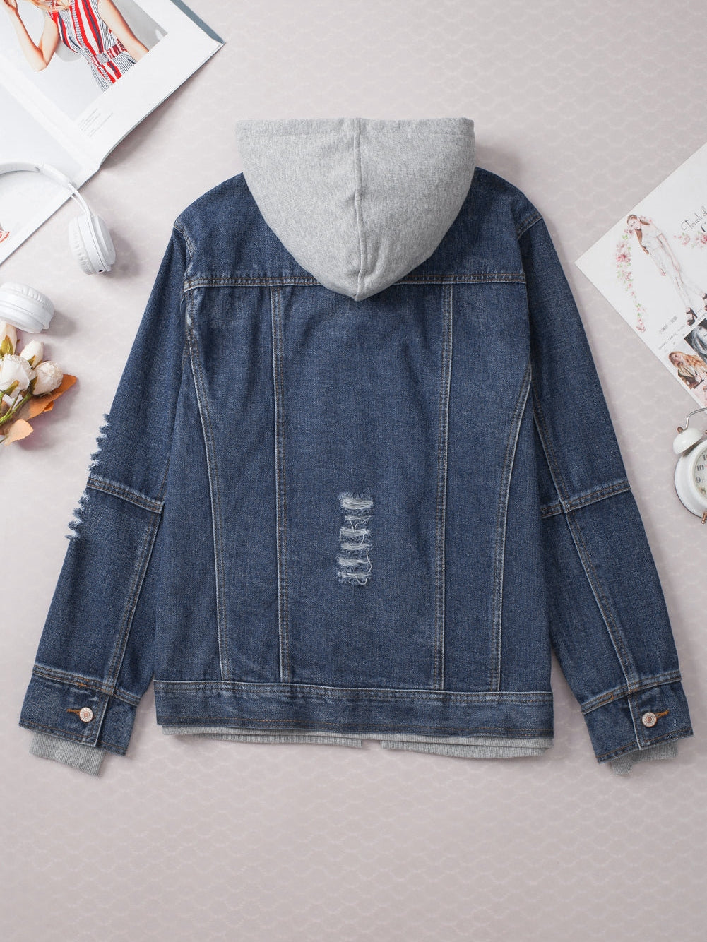 Layered Dark Blue Hooded Zip-Up Denim Jacket with Distressed Detail