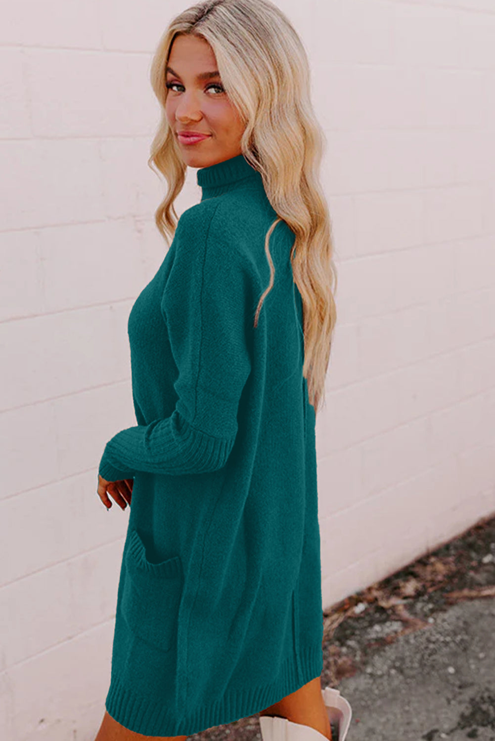 Skobeloff Ribbed High Neck Front Pockets Center Seam Shift Sweater Dress