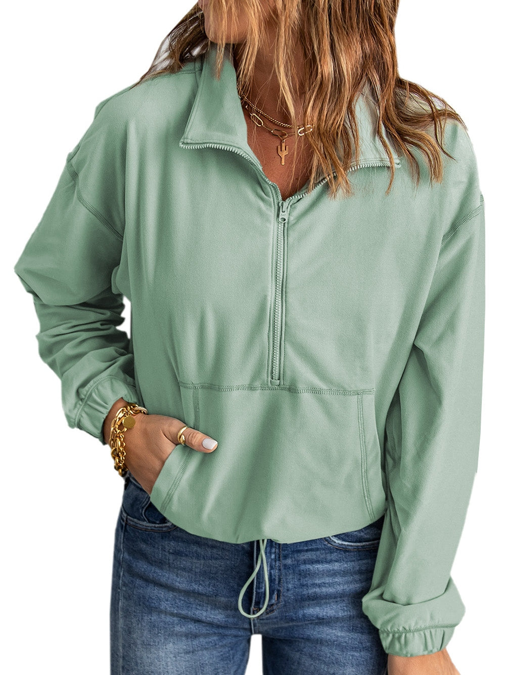 Green Zip Front Pullover Sweatshirt with Pockets
