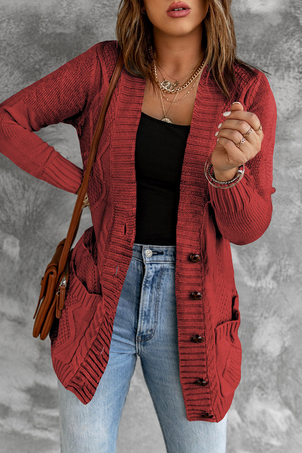 Burgundy Front Pocket and Buttons Closure Cardigan