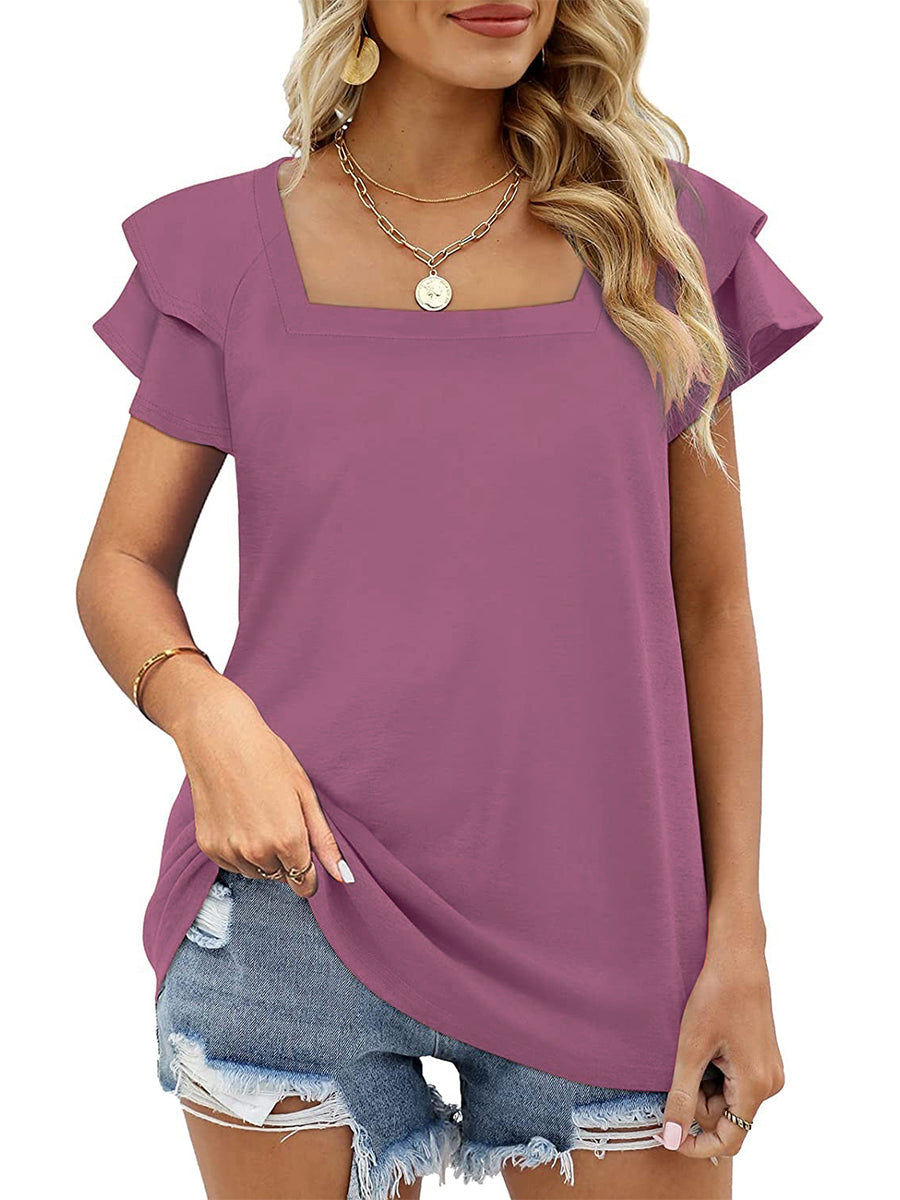 T-Shirts - Solid Color Square Neck Double Layer Petal Sleeve T-Shirt - MsDressly