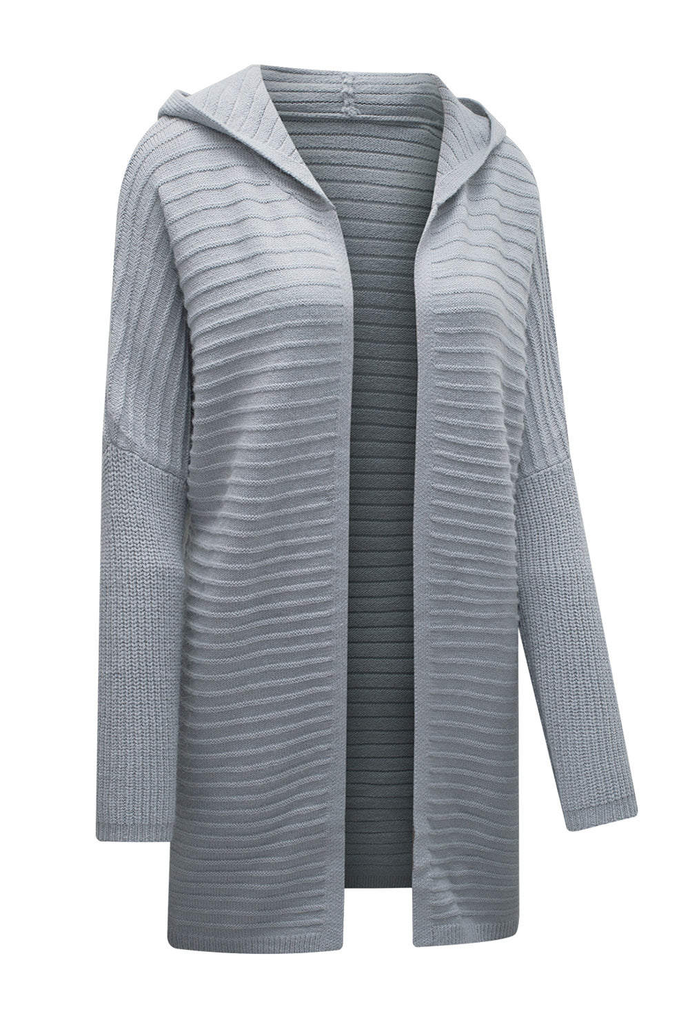 Knit Grey Hooded Duster Cardigan with Horizontal Rib Texture