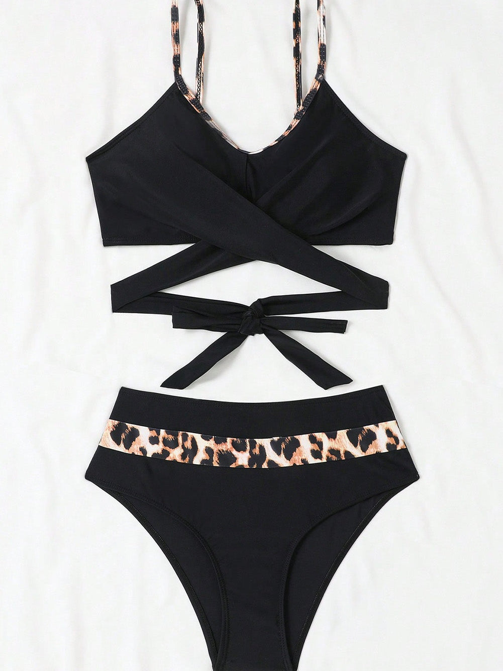 Black Leopard Print High Waisted Bikini with Criss Cross Tie Detail