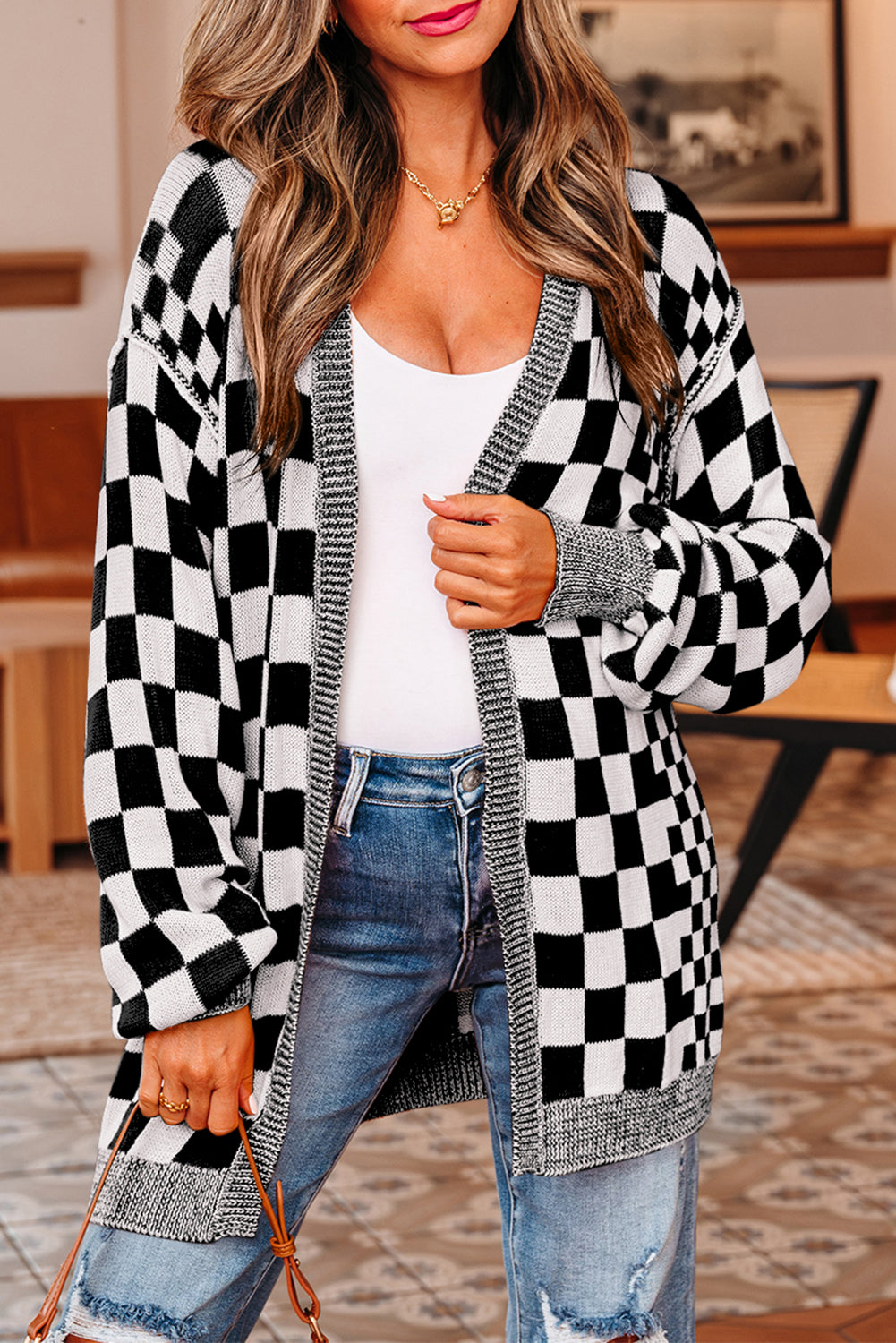 black checkered cardigan