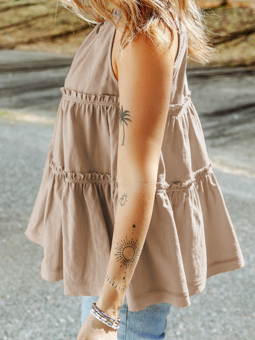 Khaki V-Neck Ruffle Tier Tank Top