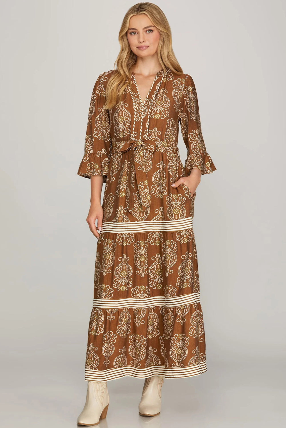 Brown Floral Print Belted Striped Trim Tiered Maxi Dress