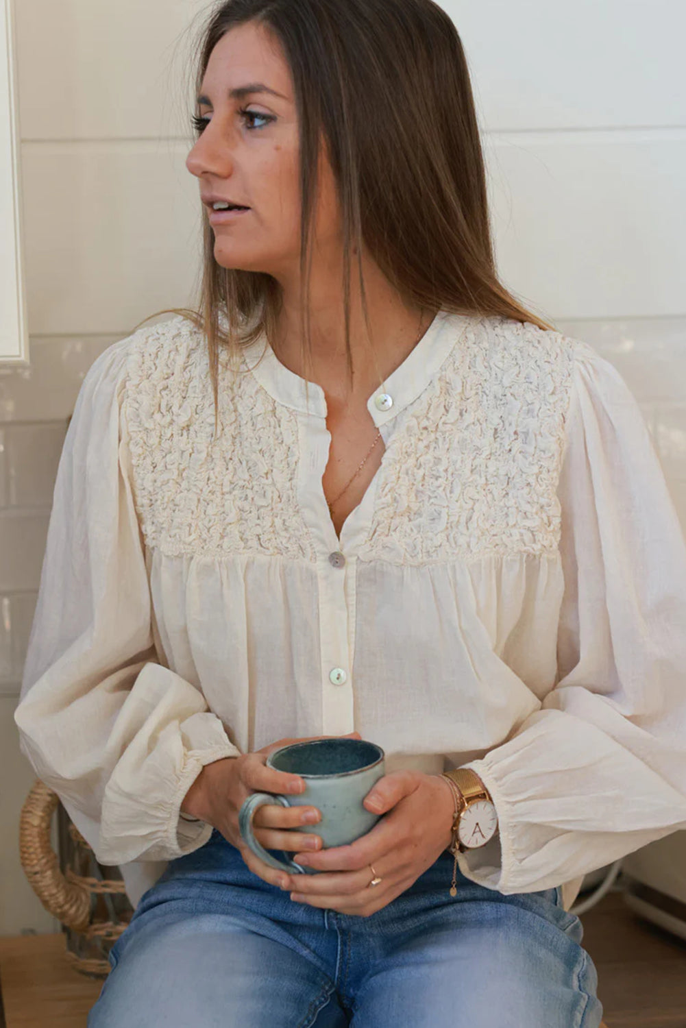 Beige Smocked Chest Elastic Cuffs Loose Sleeve Floaty Blouse