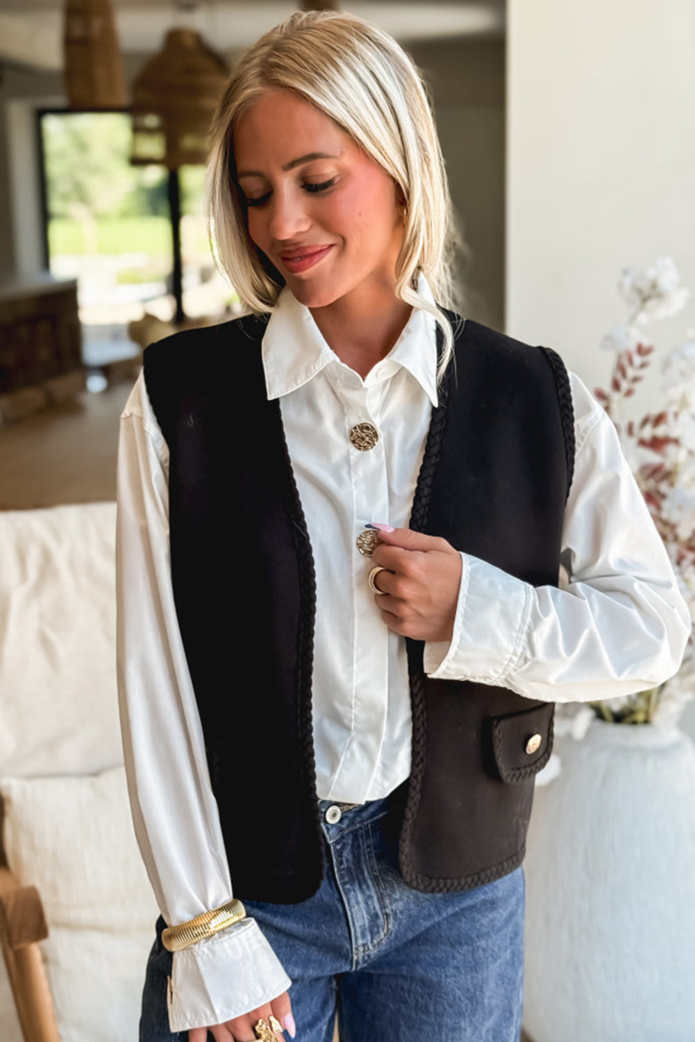 Black Braided Trim Open Front Vest