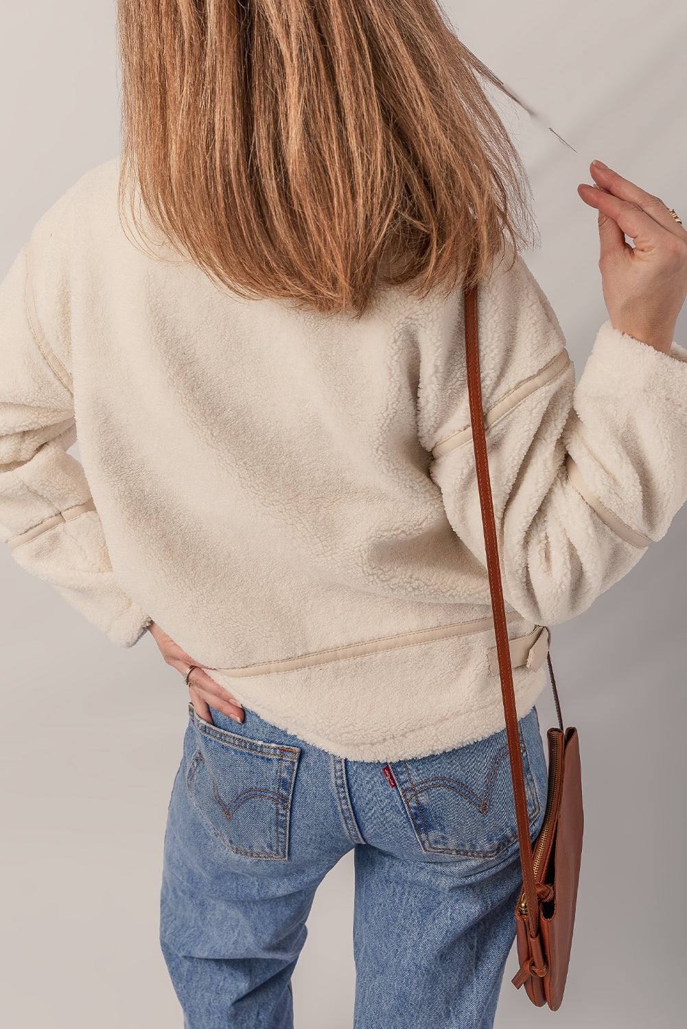Beige Buckle Collar Detail Zip Up Fleece Jacket