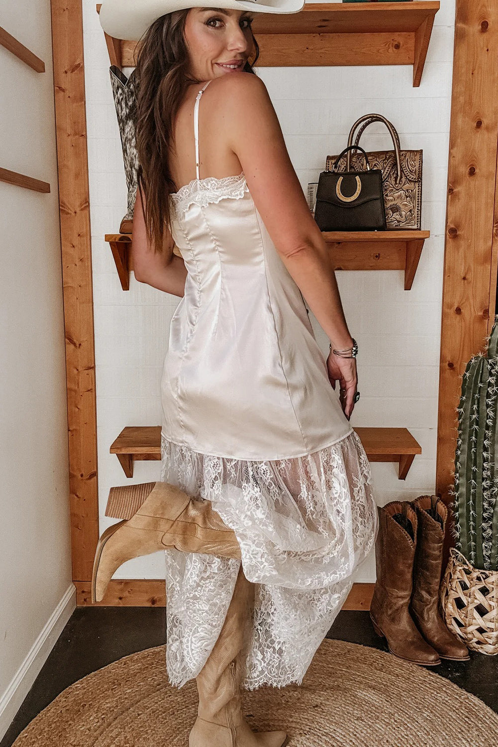 White Satin Lace Patchwork Spaghetti Straps Maxi Dress