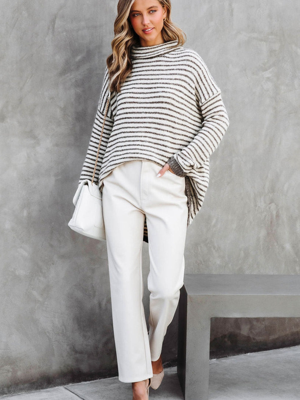 Khaki Striped Turtleneck Knit Sweater for Women