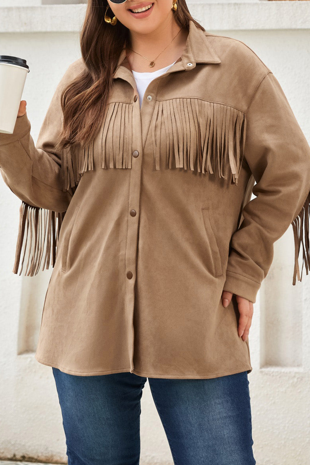 Khaki Suede Shacket with Fringe Detail for Plus Size Women