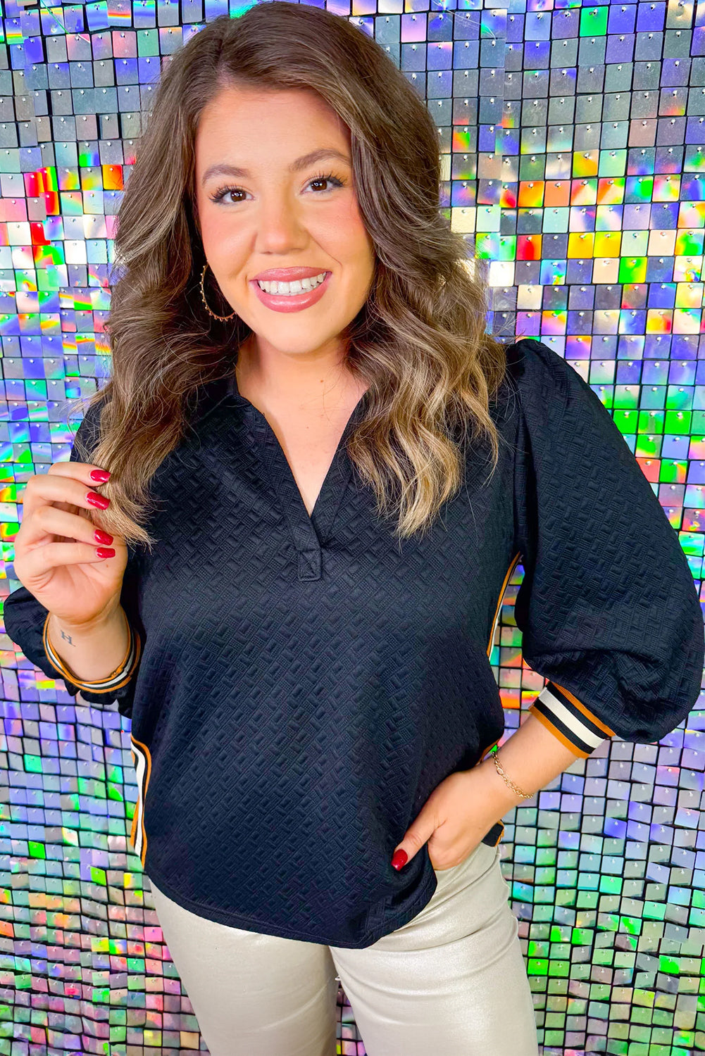 Black Colorblock Striped Textured Puff Sleeve Collar Plus Size Blouse