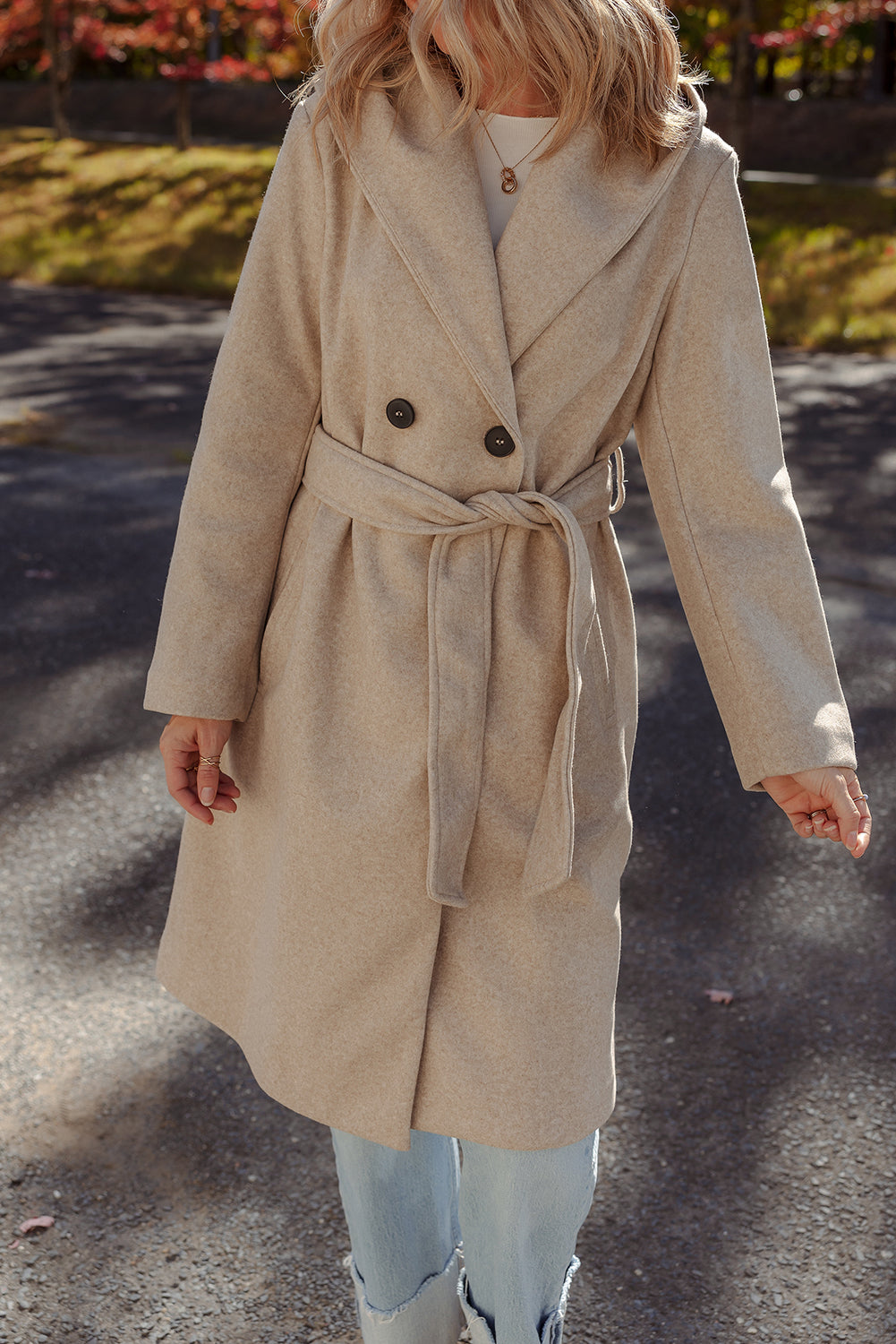 Oatmeal Lapel Collar Double Breasted Belted Overcoat