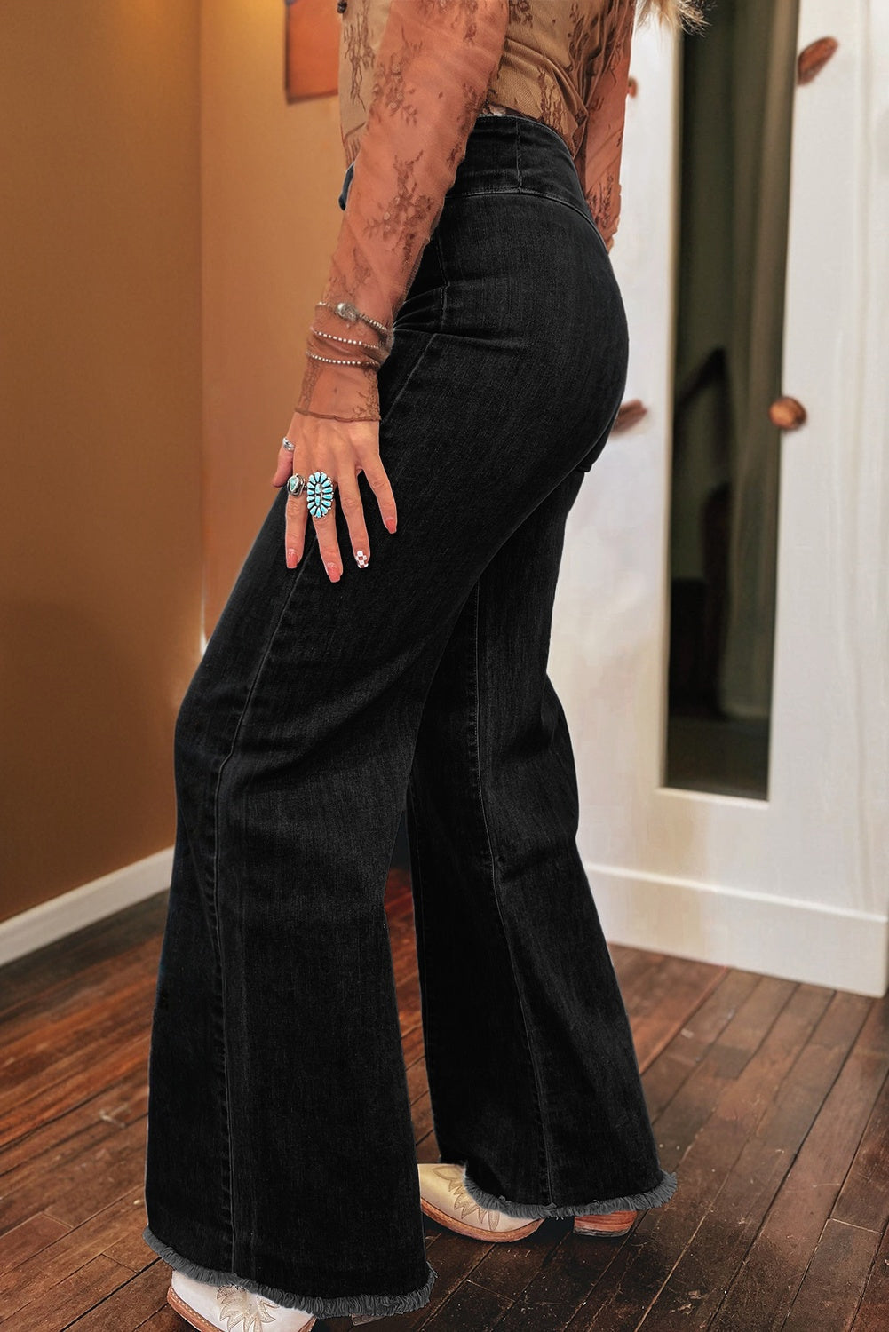 Black High Waist Button Fly Seamed Raw Hem Flare Jeans