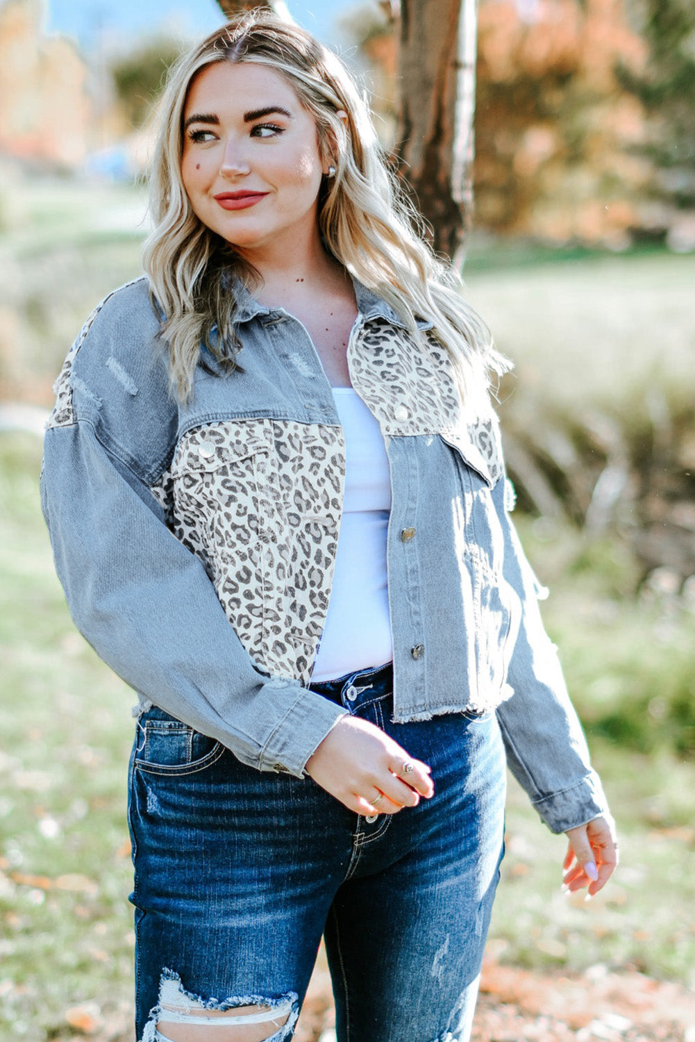 Leopard Patchwork Blue Denim Jacket for Curvy Fashionistas