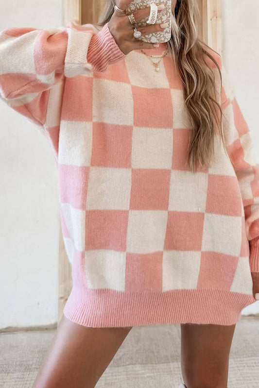 Pink Checkered Pattern Knit Drop Shoulder High Neck Sweater Dress