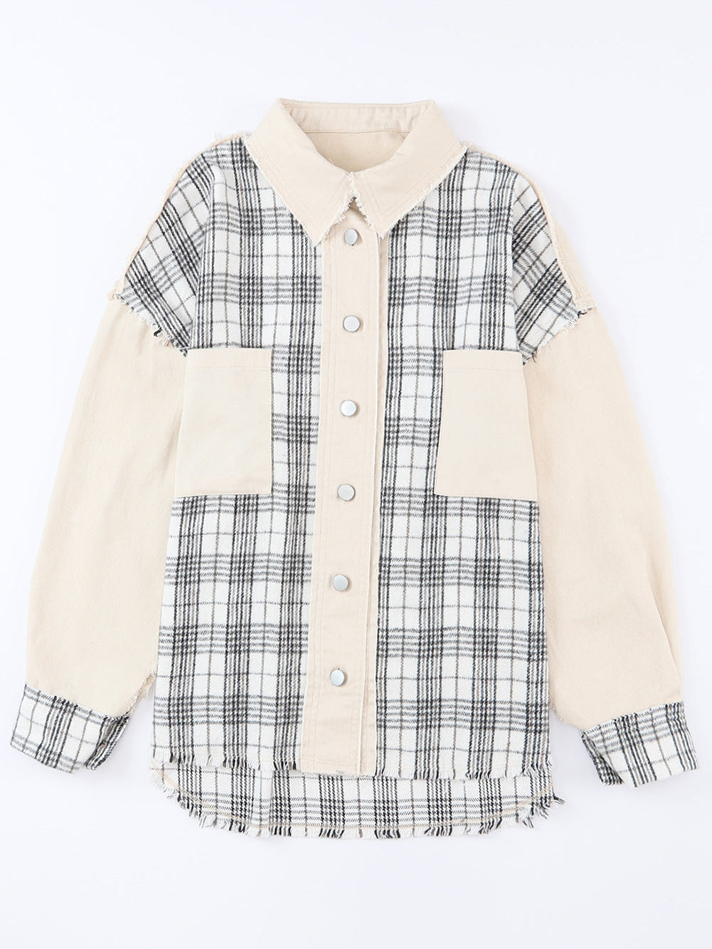 Khaki Plaid Patchwork Denim Shacket - Distressed Edges