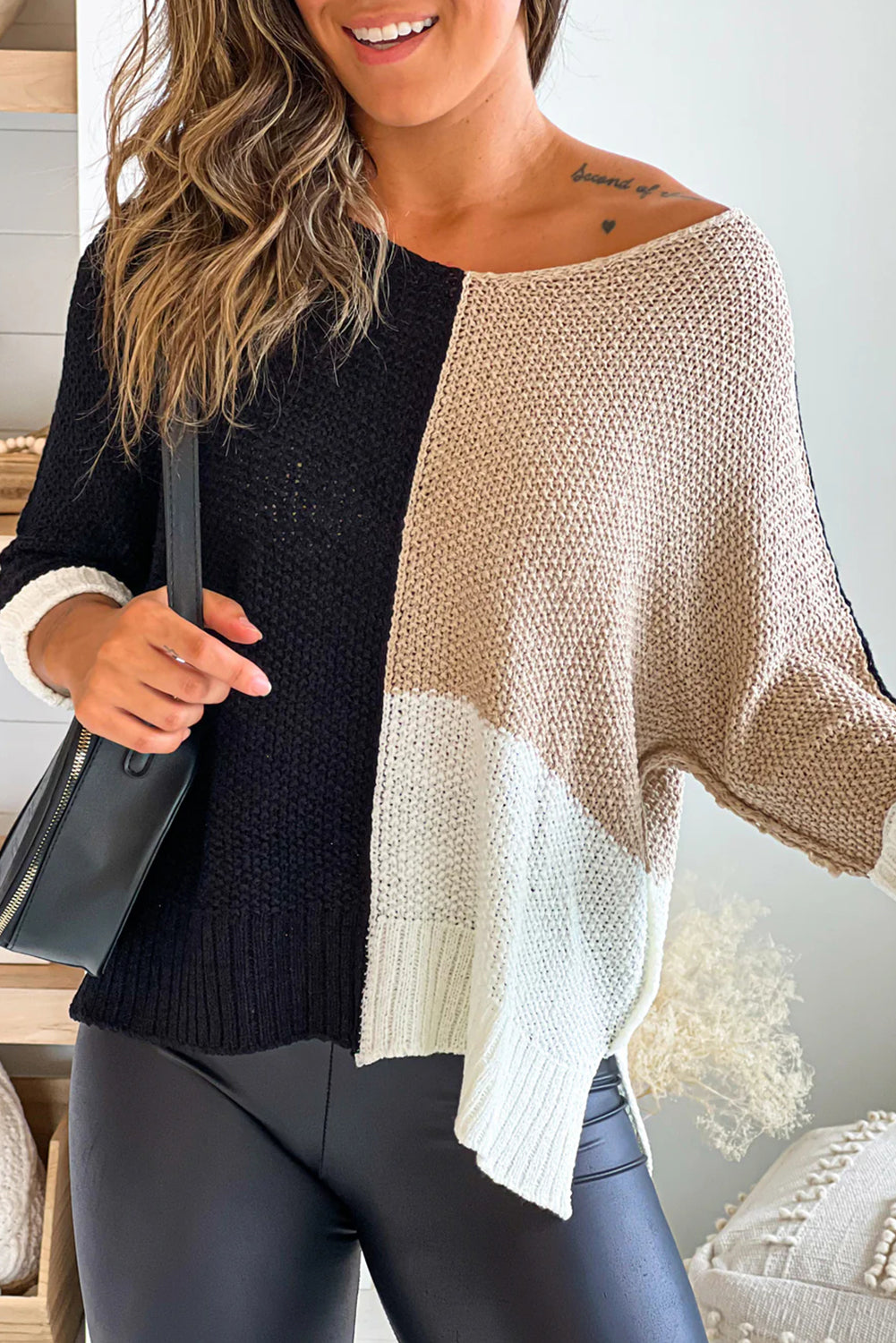 Black Color Block Knit V Neck Loose Sweater