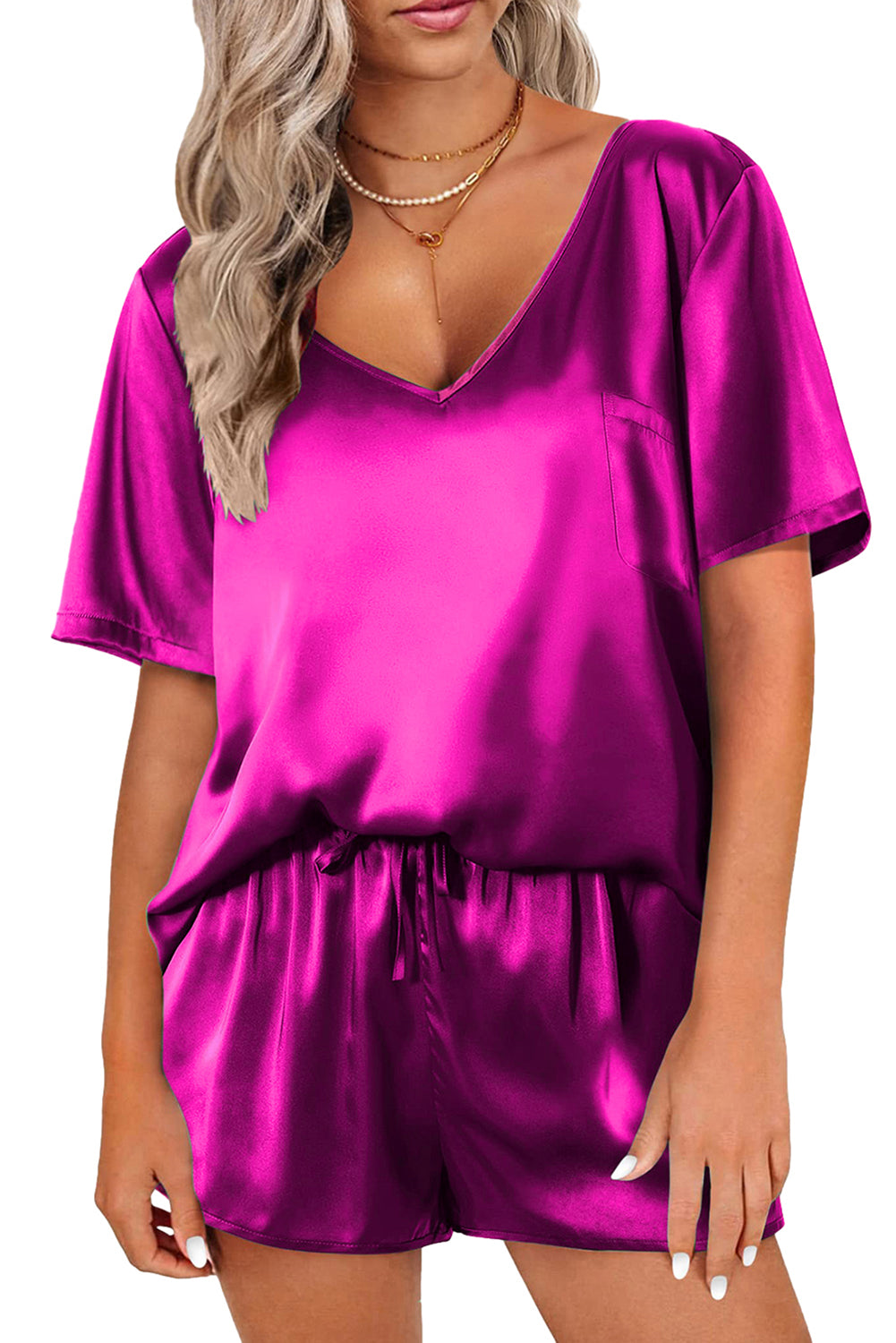 Elegant Bright Pink Satin Lounge Set with V-Neck Tee and Drawstring Shorts