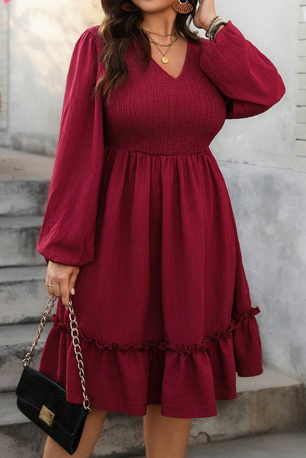 Red Dahlia Plus Size V Neck Shirred A-Line Long Sleeve Ruffle Hem Midi Dress