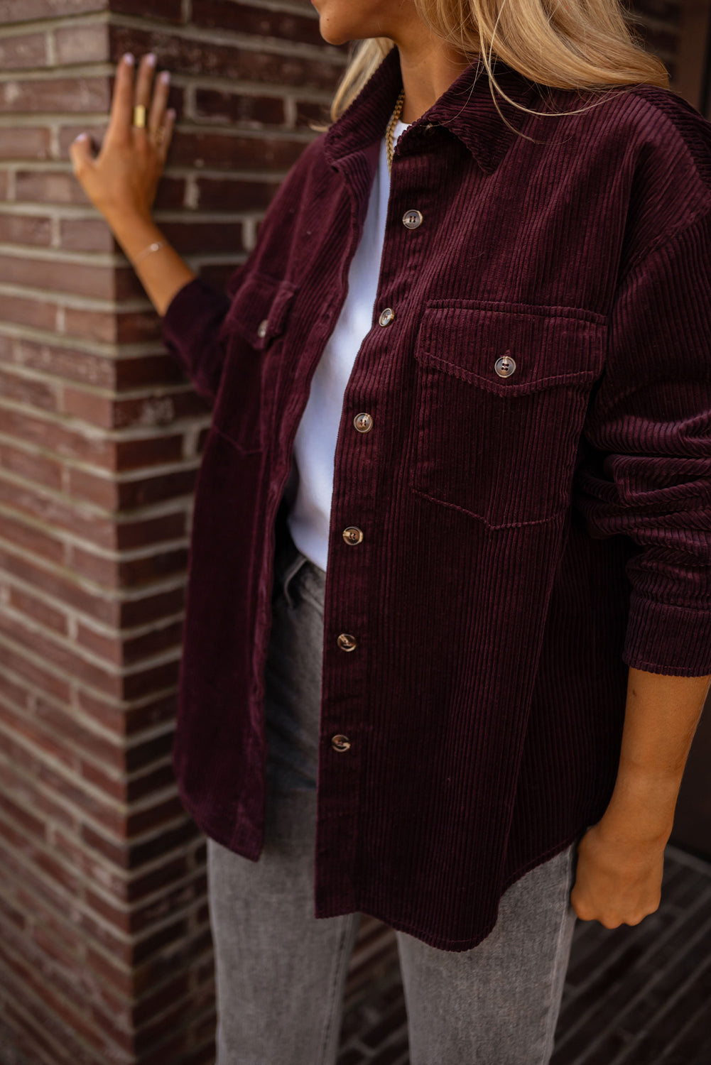 Grape Wine Solid Color Button Flap Pocket Corduroy Shacket