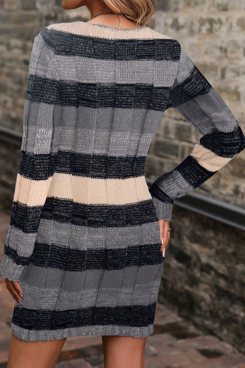 Gray Stripe Textured Knit V Neck Bodycon Sweater Mini Dress