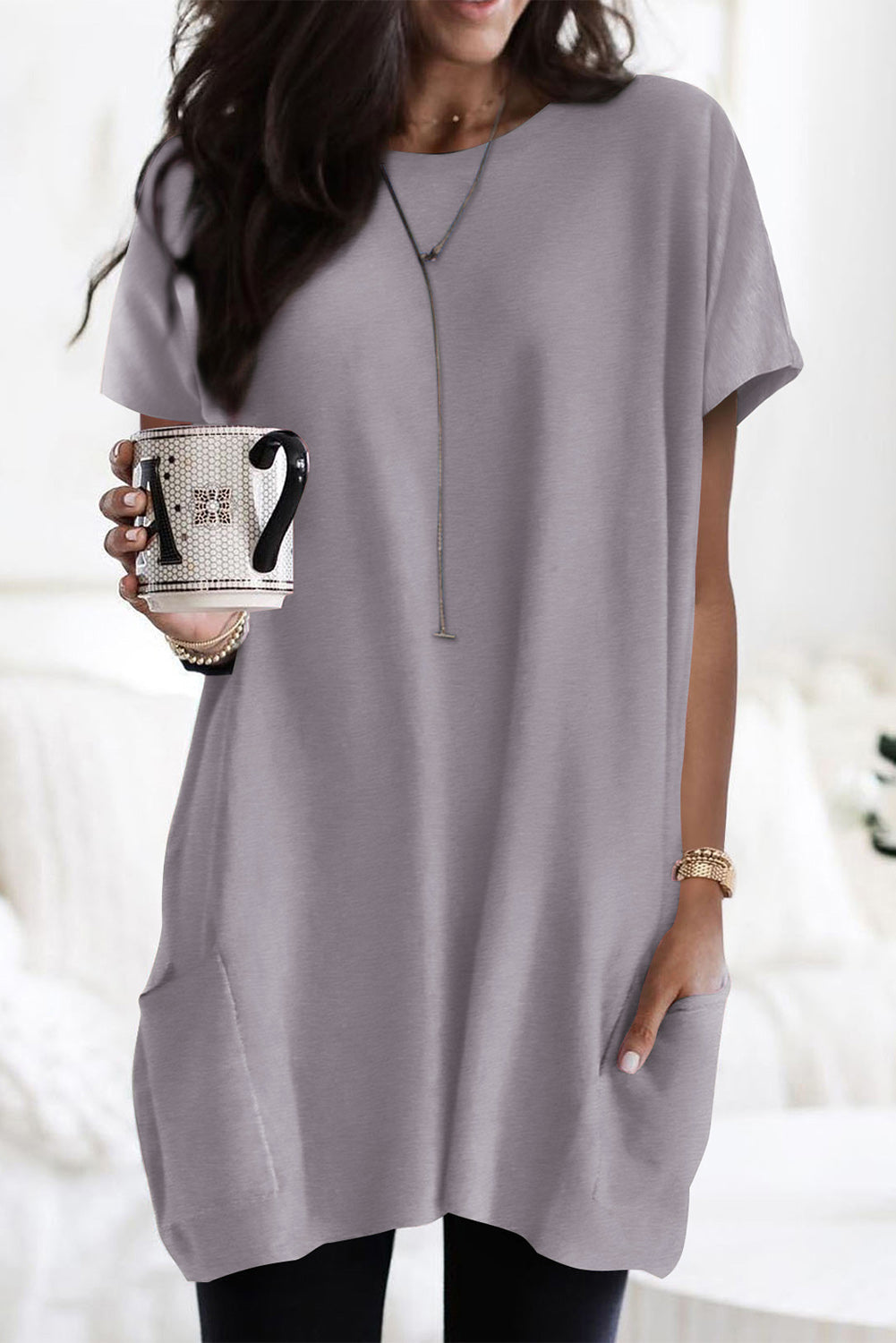 Rounded Neckline Long Sleeve Dress with Pockets