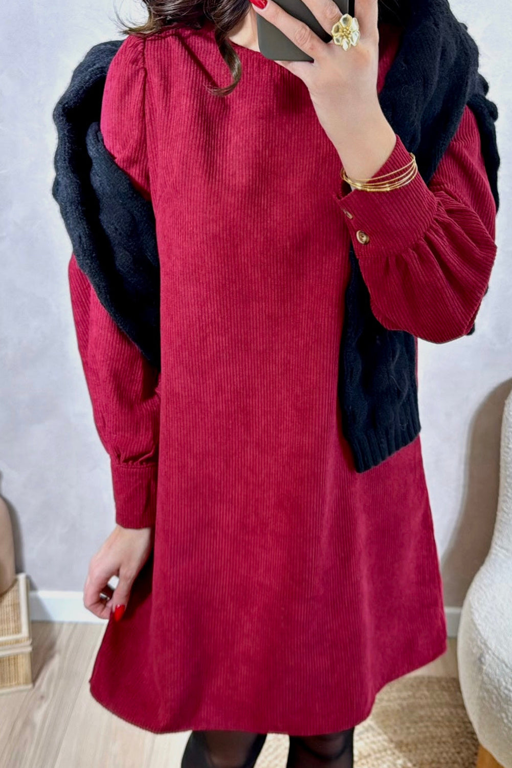 Racing Red Solid Color Button Cuffed Long Sleeve Corduroy Mini Dress