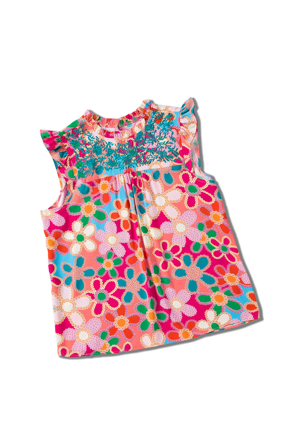 Multicolor Plus Size Floral Embroidered Flutter Sleeve Tank Top