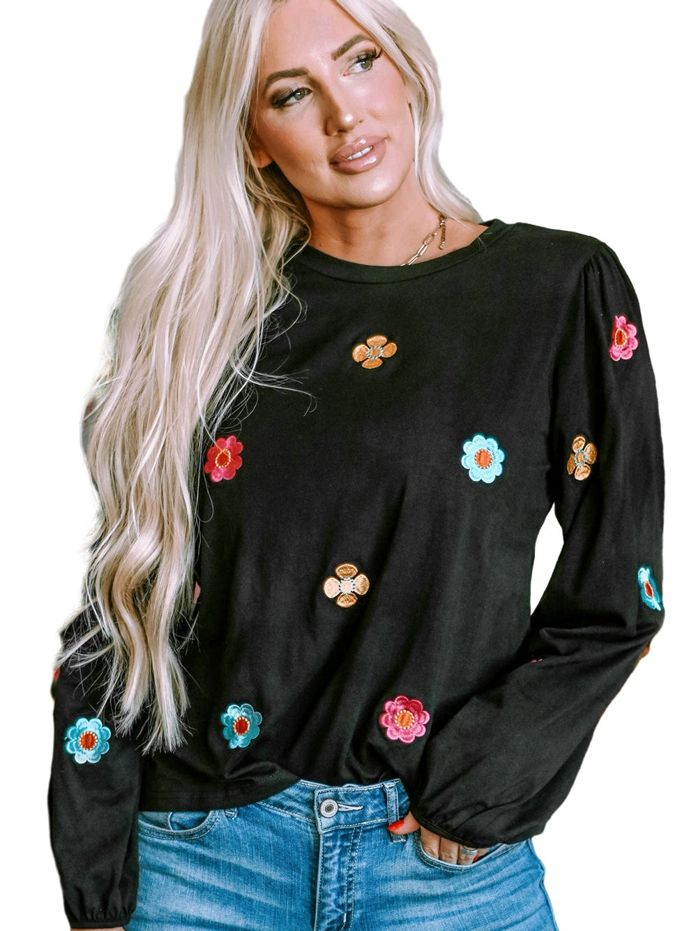 Elegant Black Floral Embroidered Blouse with Puff Sleeves