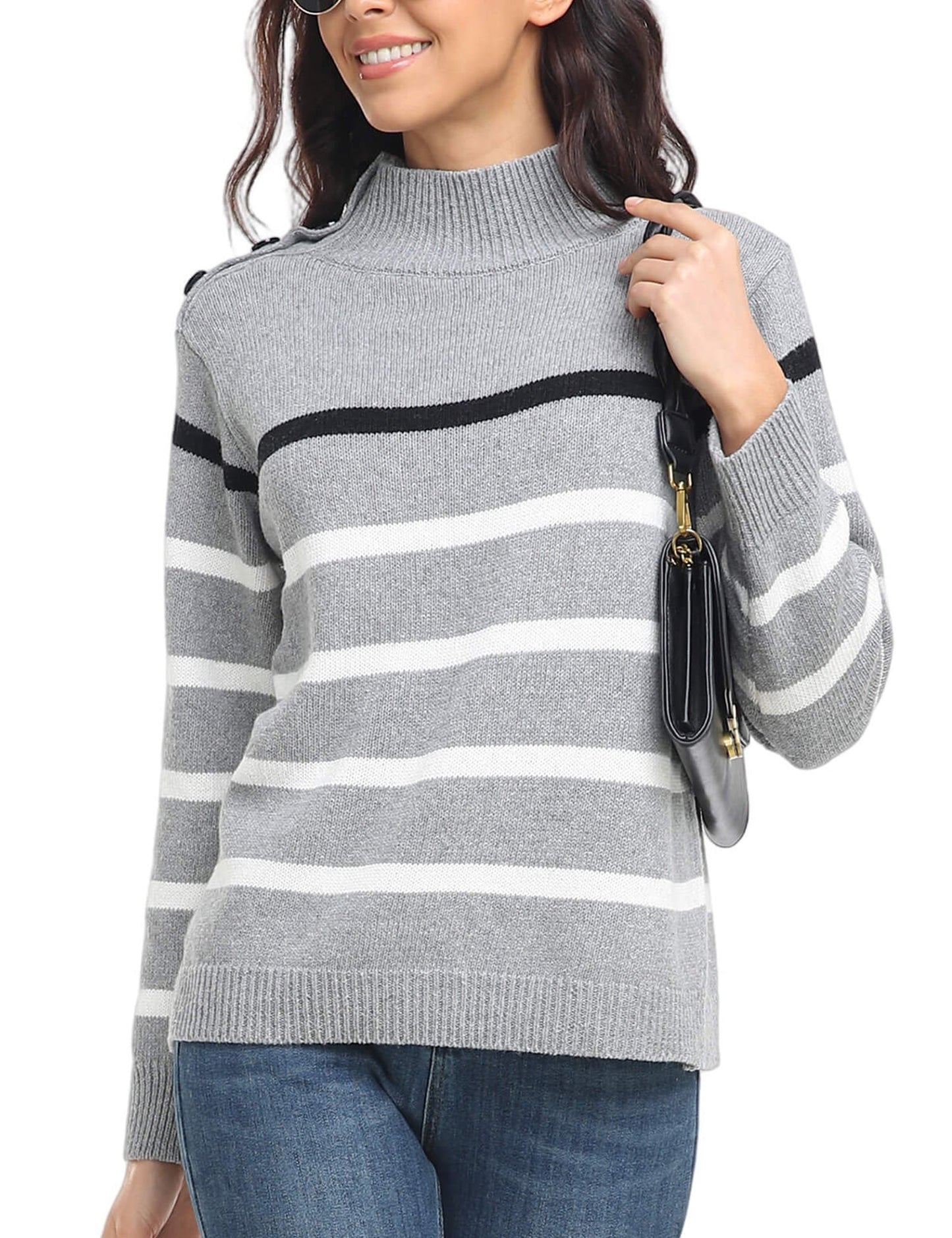 Sweaters - Striped High Neck Pullover Sweater - MsDressly