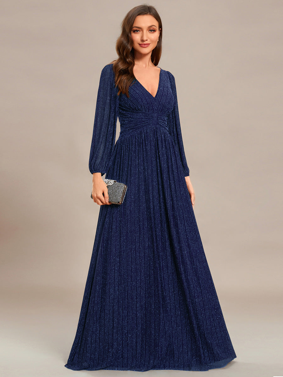 Maxi Long Chiffon Waist V Neck Wholesale Evening Dress with Long Sleeves