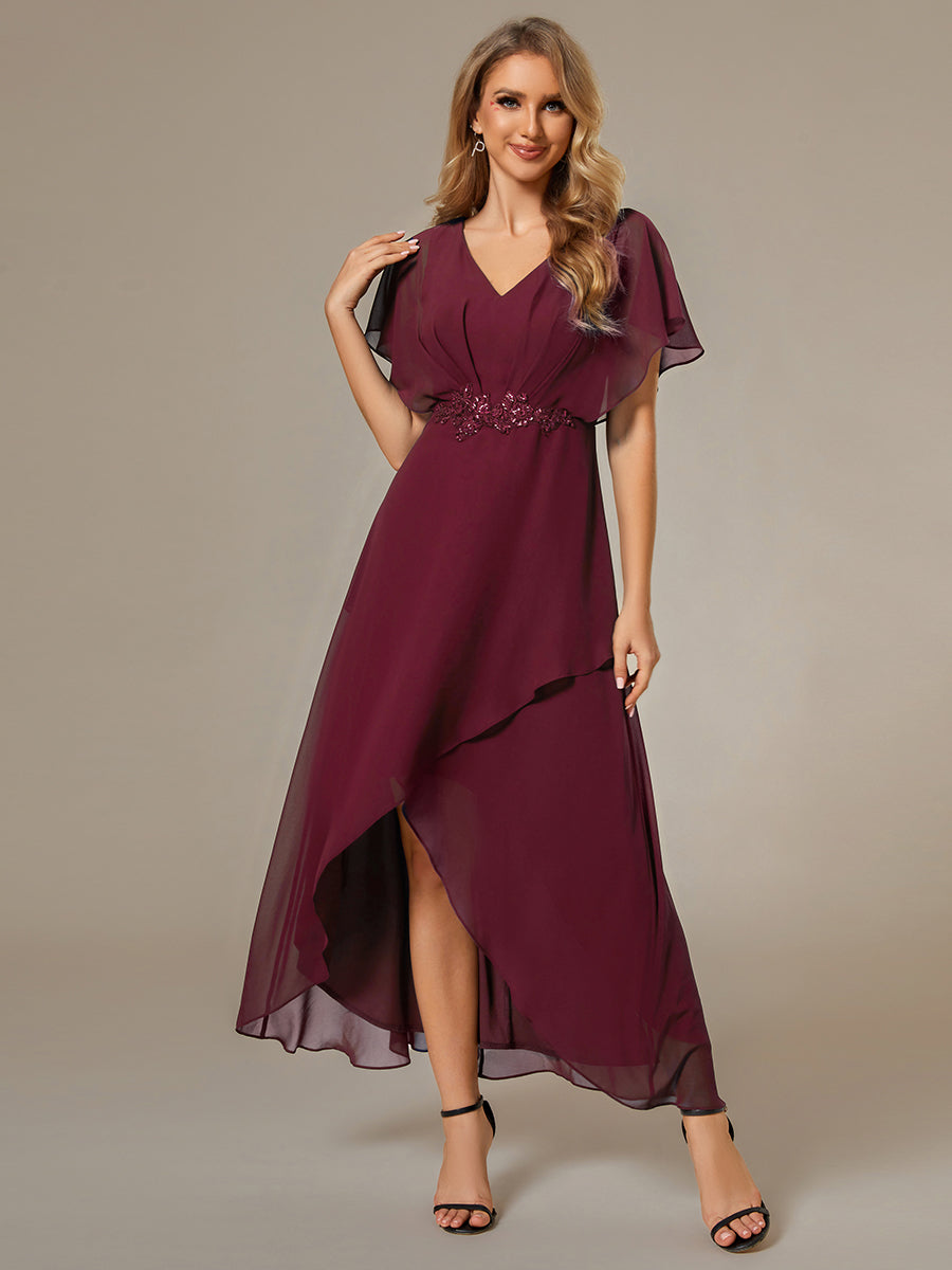 Chiffon Appliques High-low Wholesale Evening Dress with Short Sleeves