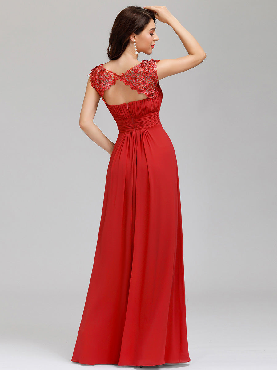 Bridesmaids Dress - Lacey Neckline Open Back Ruched Bust Wholesale Evening Dresses - MsDressly