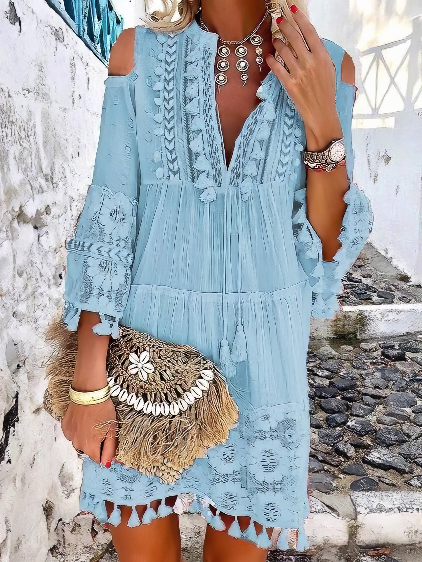 Mini Dresses - Fashion V-neck Lace Fringed Mini Dress - MsDressly