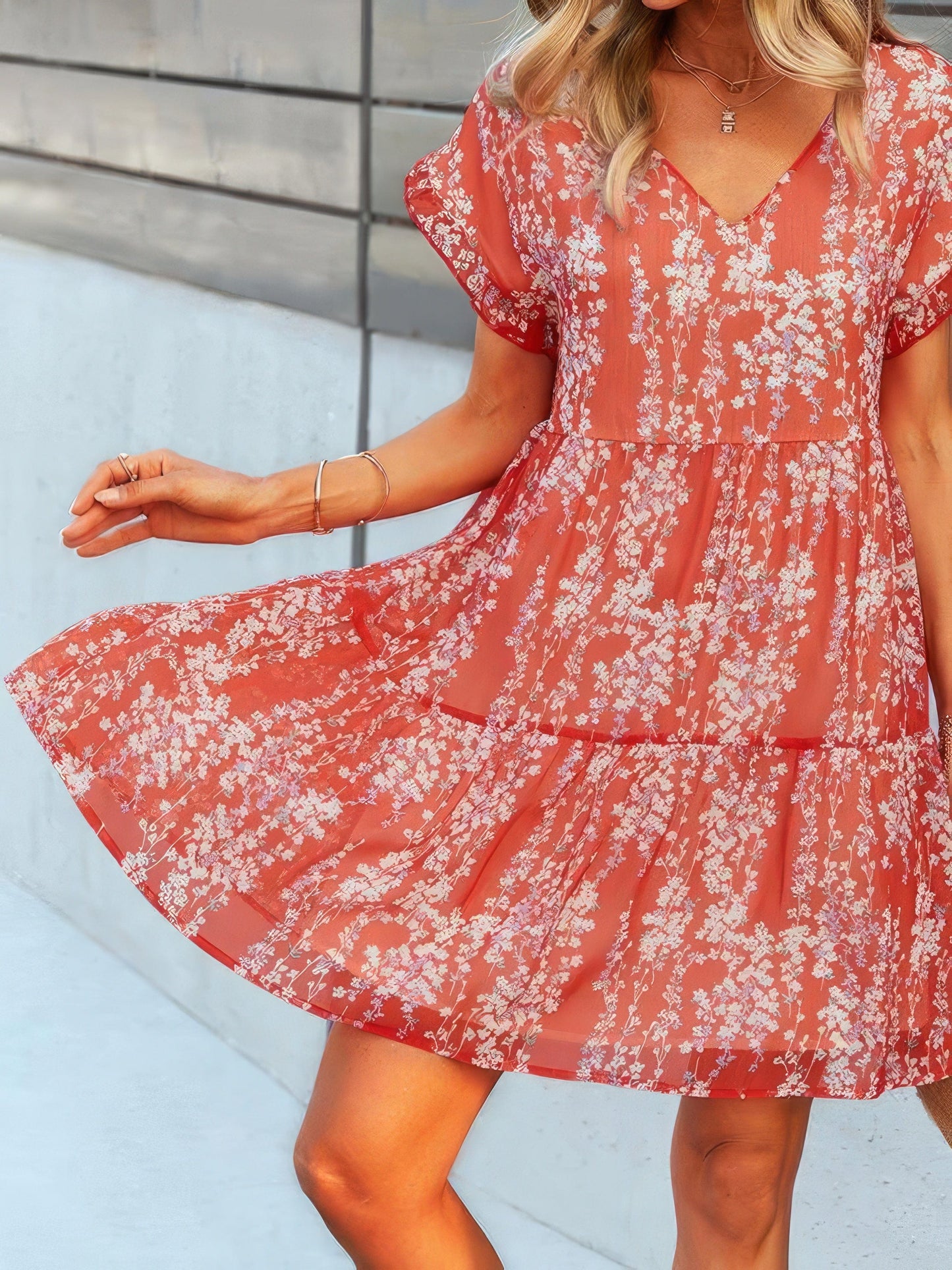 Flowy V-Neck Short Sleeve Dress with Printed Design